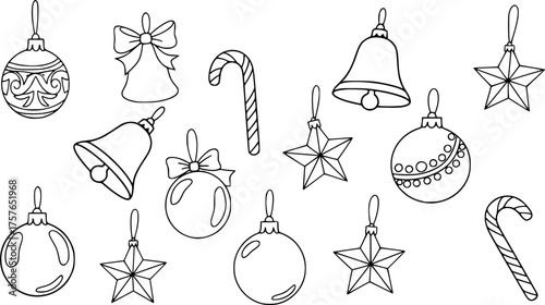 Black and white outline Christmas ornaments bells candy canes and stars vector
