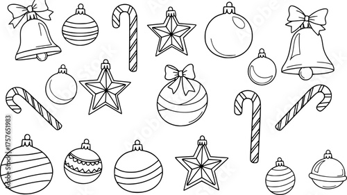 Black and white outline Christmas ornaments bells candy canes and stars vector
