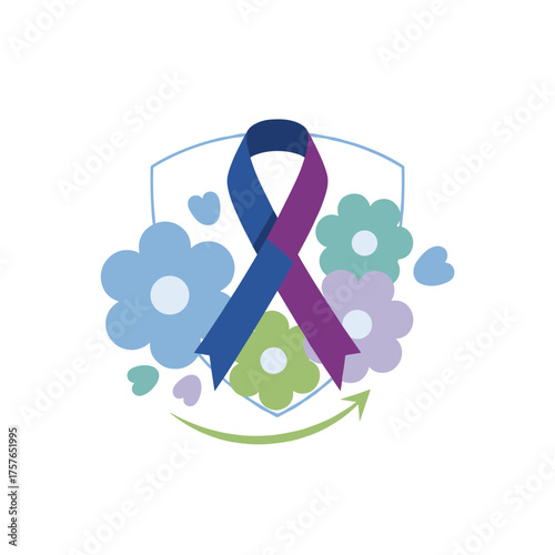 Ribbons of blue and purple symbolize arthritis awareness, accompanied by flowers, highlighting protection, healthcare, and prevention for rheumatoid arthritis