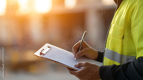 Construction worker takes notes on a clipboard at the job site. The worker is wearing a hi-vis vest and uses a pen to write information with bokeh background, golden hour lighting.