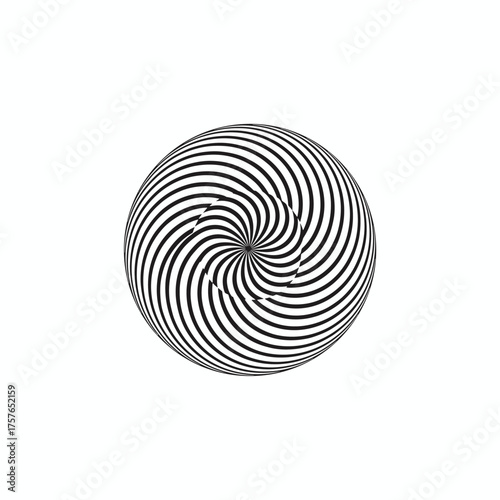 A pulsating spherical graphic composed of black and white lines, serving as a sign, icon, symbol, and logo, presented in monochrome with dynamic wave motifs against an abstract line‑art background