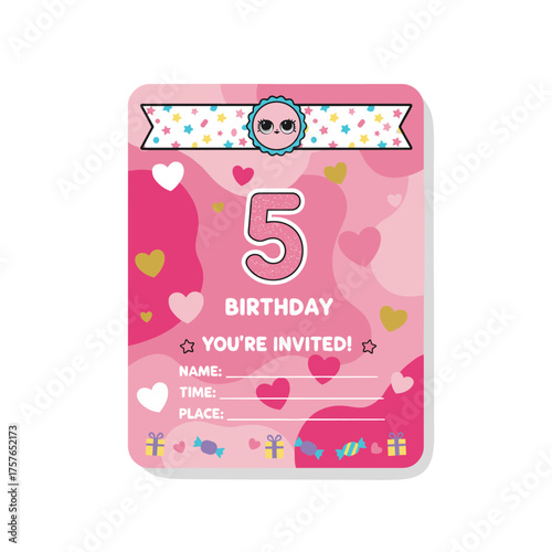 A pink abstract background featuring heart-shaped vector graphics, a decorative banner with a Lol surprise doll girlish theme, and an invitation card template