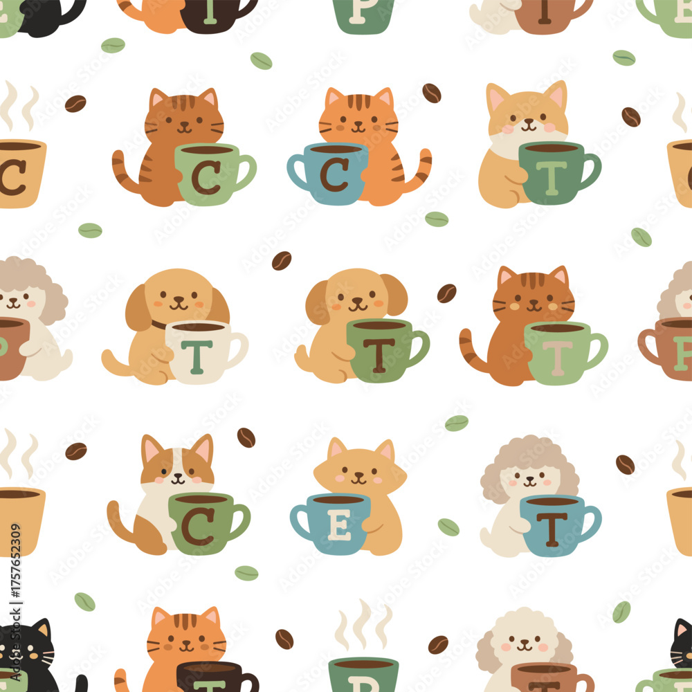 Obraz premium Cute cartoon cat and dog sipping coffee or tea in a seamless pattern vector illustration