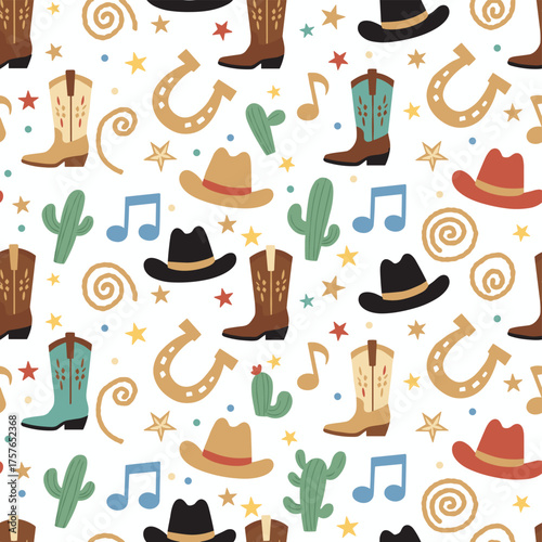 A seamless pattern featuring cowboy fashion elements, including cowgirl boots and a horseshoe, with a western and wild west theme, rodeo design, and country music vibes
