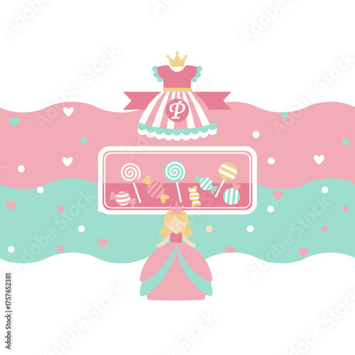 Vector illustration featuring an abstract pink backdrop with mint turquoise accents, tiny hearts, and polka dots, evoking a candy shop vibe, decorative doll banner, and a princess‑like girlish