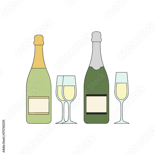 Prosecco bottle with glasses, and a champagne bottle with a flute glass