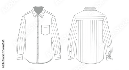 Detailed line drawing of a men s long sleeved button down shirt shown from the front and back in silhouette