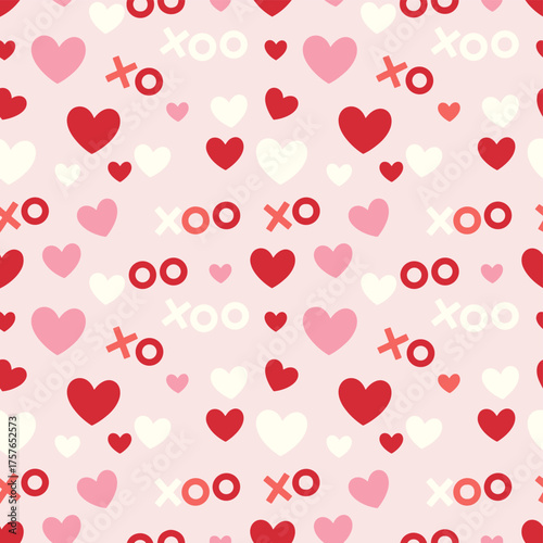 A seamless pattern of hearts and the abbreviation for hugs and kisses, set against a gentle pink background, featuring a love and relationship theme for Valentine's Day in vector illustration