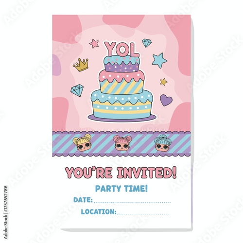 An abstract pink background featuring a cake vector illustration, serving as a decorative banner with a Lol surprise doll girlish theme, suitable for an invitation card template