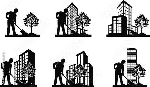 Urban landscaping silhouettes, person shoveling soil, tree planting, city buildings, environmental care, sustainable living, green city, architecture, construction planning, eco lifestyle