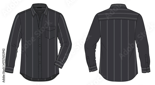 Front and back view of a dark striped long sleeved button down shirt in a clean silhouette