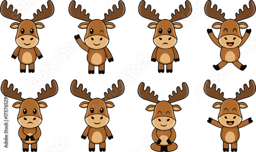 vector illustration of moose funny cute cartoon mascot character cartoon with 8 poses 01