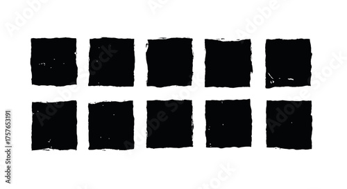 Vector Illustration of Ten Black Square Shapes with Rough Edges on White Background, Graphic Elements