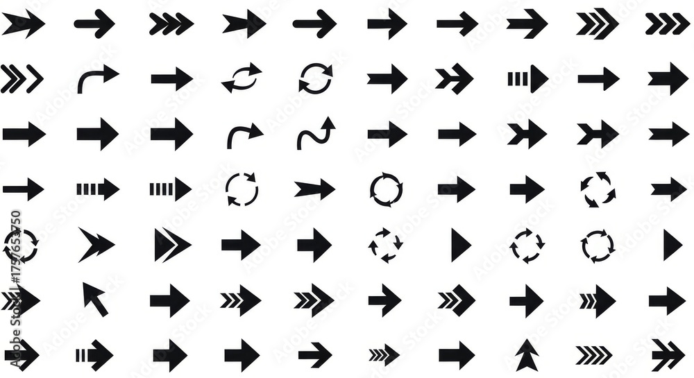 Naklejka premium Black Arrow Icons set, Modern Minimalist Vector Collection for Web, Apps, and Graphic Design. Simple Arrow, Cursor, and Direction Symbols Pack in Clean Monochrome Style