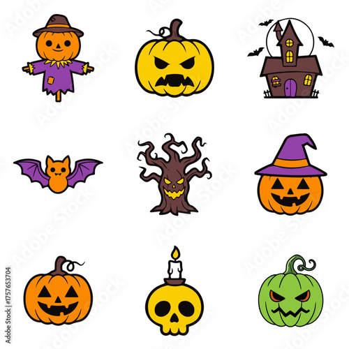 set of Halloween horror vector design, halloween, pumpkin, vector, cartoon, set, bat, illustration, ghost, icon, holiday, cat, autumn, witch, monster, hat, spooky, horror, spider, black, scary, design