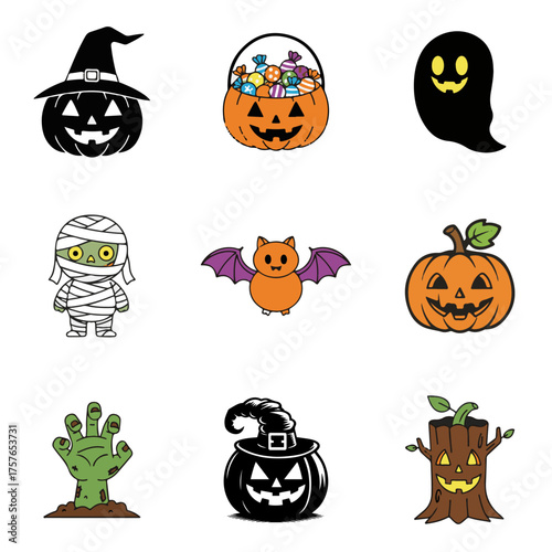 set of halloween horror vector design, halloween, pumpkin, vector, cartoon, set, bat, illustration, ghost, icon, holiday, cat, autumn, witch, monster, hat, spooky, horror, spider, black, scary