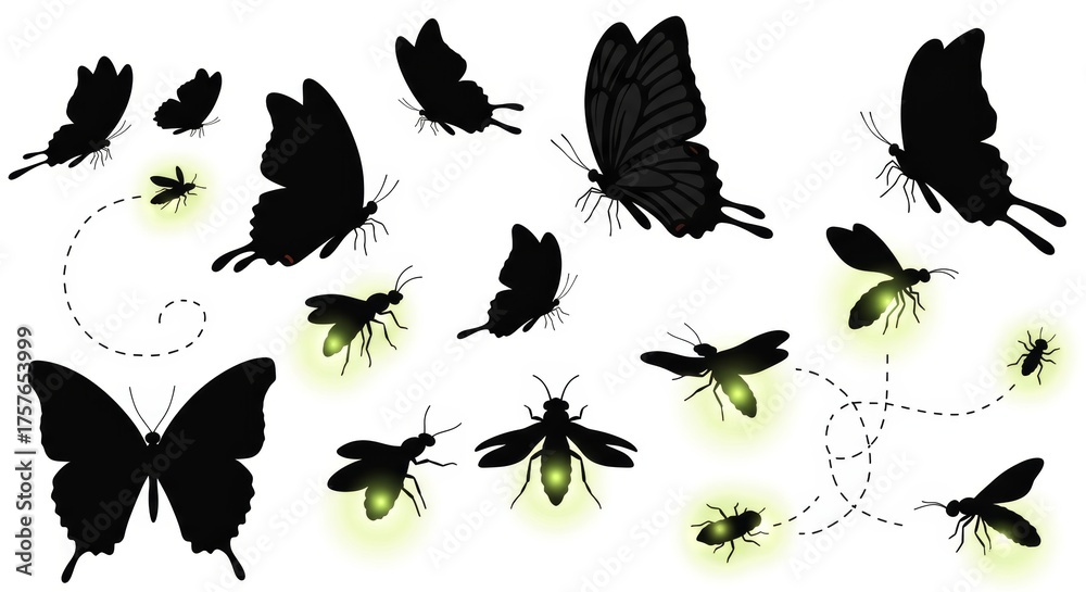Fototapeta premium Set of Butterflies, Glowworms, and Fireflies Ink Silhouettes, Hand Drawn Insect Vector Collection with Glowing Elements Isolated on White Background