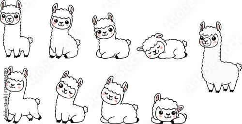 vector illustration of llama funny cute cartoon mascot character cartoon with 9 poses