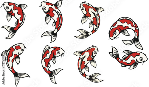 vector illustration of koi fish funny cute cartoon mascot character cartoon with 8 poses 