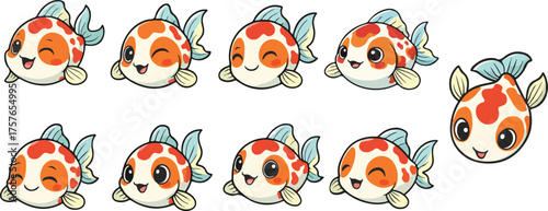 vector illustration of koi fish funny cute cartoon mascot character cartoon with 9 poses 