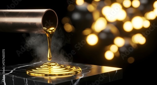 Wallpaper Mural Molten gold liquid streams from a pipe onto a black marble surface, creating a luxurious and rich visual with bokeh lights in the background Torontodigital.ca