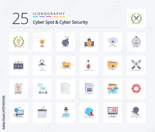 Cyber Spot And Cyber Security 25 Flat Color icon pack including protection. defence. ddos. royal. leadership