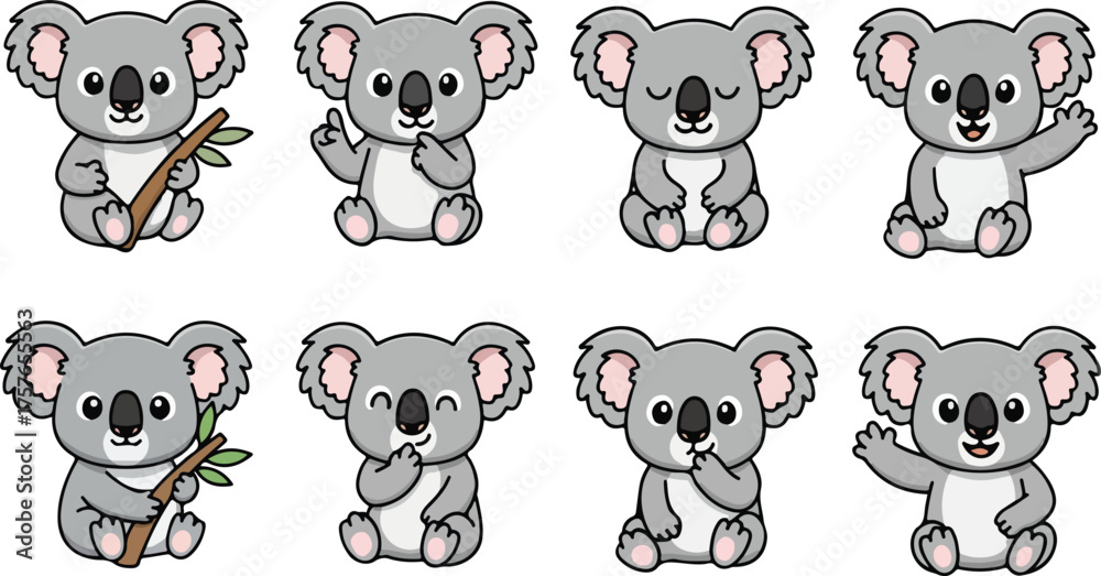 Naklejka premium vector illustration of koala funny cute cartoon mascot character cartoon with 8 poses 