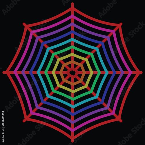 Colorful Rainbow Spider Web Vector Graphic on Black Background
