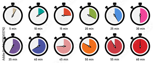 Set of colorful stopwatch vector icons showing time intervals from 5 to 60 minutes. Stopwatch icons. Countdown timer. Cooking time label, sticker. Vector illustration.