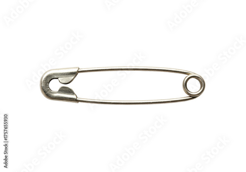 Silver safety pin isolated PNG on transparent background, metal fastener for sewing and clothing repair