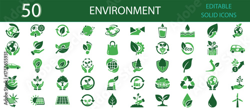 Environment solid fill icons set of 50 vector symbols for eco, sustainability, recycling, renewable energy, and green nature concepts. Editable solid green glyph icons for environmental design