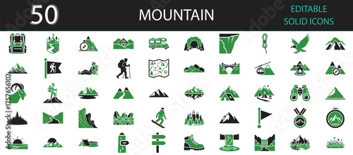 Mountain solid fill icons set of 50 vector symbols for hiking, adventure, climbing, travel, landscape, and outdoor exploration. Editable green and black solid glyph icons for tourism and nature design