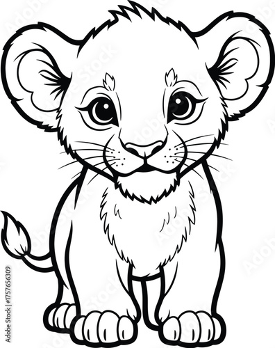 Adorable line art drawing of a baby lion cub full of innocence and playful charm