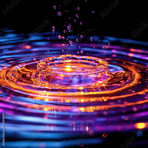 Bright lights capture colorful water ripples forming mesmerizing patterns