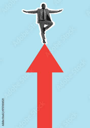 Businessman balancing on red upward arrow symbolizing success, growth and confidence in modern minimalist design