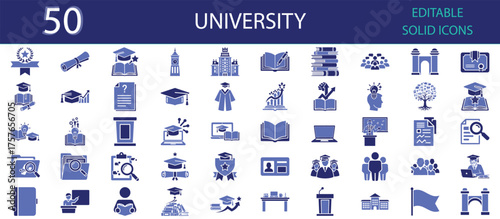 University solid fill icons set of 50 vector symbols for education, graduation, college, knowledge, and learning. Editable blue solid glyph icons for academic, study, and institution design