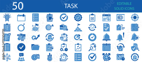 Task solid fill icons set of 50 vector symbols for productivity, checklist, planning, schedule, and project management. Editable blue solid glyph icons for work, goal setting, and organization