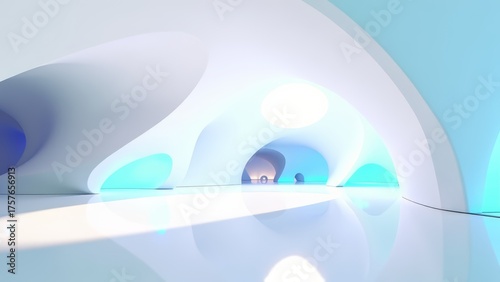 Futuristic white museum interior with blue accents