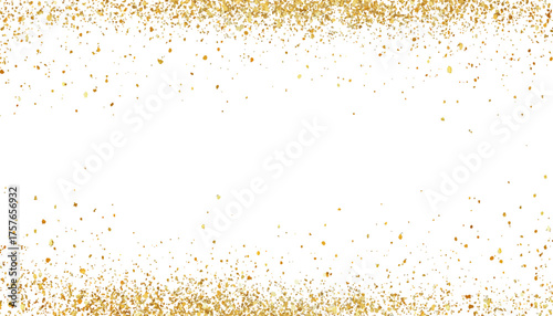Golden glitter texture on white abstract background. White background, Shimmering gold glitter confetti scattered, Festive holiday sparkle, festive season, luxury