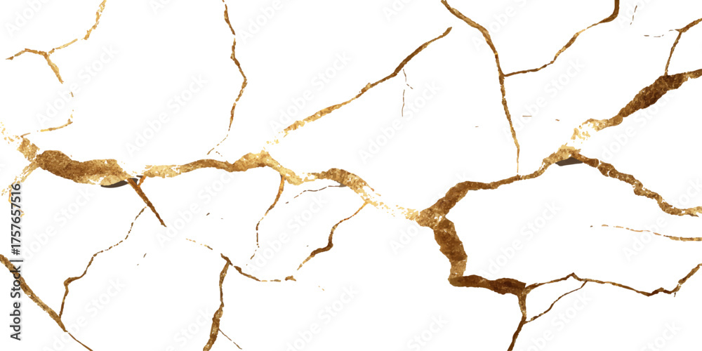 Obraz premium Golden cracked surface with white background. A golden cracked wall pattern isolated on white background. White cracked textured surface background with golden metal filling the cracks in a style,