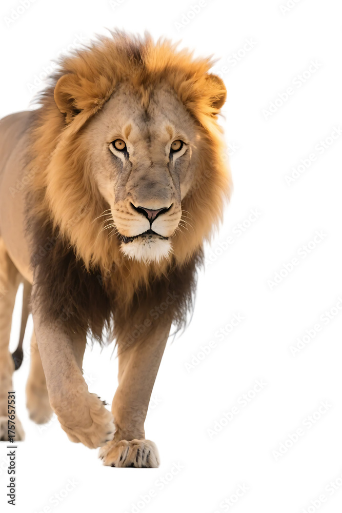Obraz premium A majestic male lion is seen walking with a powerful presence, showcasing its impressive mane and strong build in the wild.