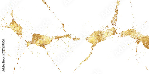 Golden cracked surface with white background. A golden cracked wall pattern isolated on white background. White cracked textured surface background with golden metal filling the cracks in a style, 