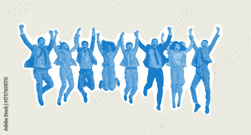 Retro halftone illustration of diverse business team celebrating success and corporate achievement