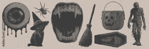Halloween halftone spooky set with dripping eyeball, witch cat, vampire fangs, broomstick and coffin