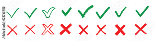 Set of grunge green checkmark set.  Hand painted brush tick symbol design element. check mark/OK , symbols YES for vote, decision, election choice . Vector illustration.