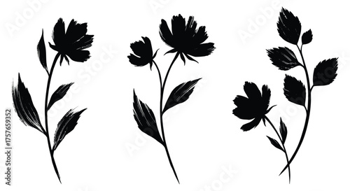 Three delicate botanical floral elements in a textured black silhouette against a white background silhouette