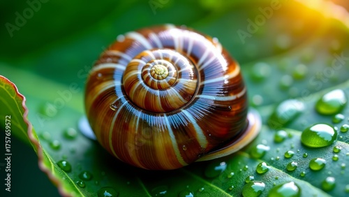 Snail shell surface spiraling on leaf with water droplets