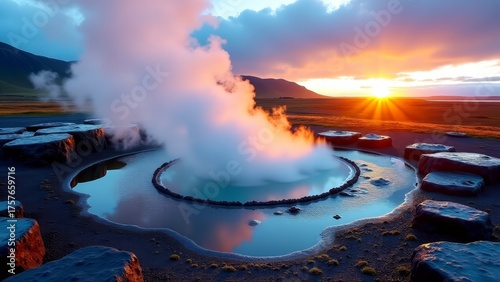 Geothermal hot spring at sunset in iceland highlands