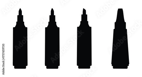 Four distinct black marker pen silhouettes lined up against a white background in a studio setting silhouette