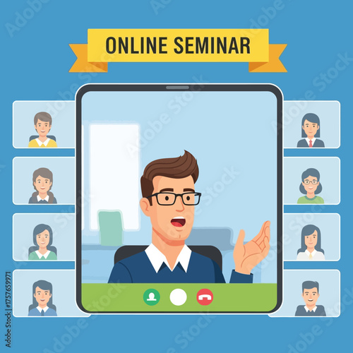 Online seminar conference call with multiple participants on a digital tablet screen vector illustration